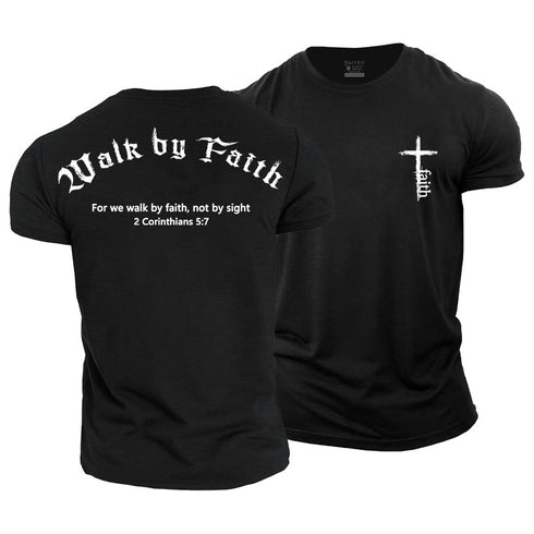 A black cotton t-shirt with the text 'Walk by Faith' and a Bible verse on the back, and a small emblem on the front.
