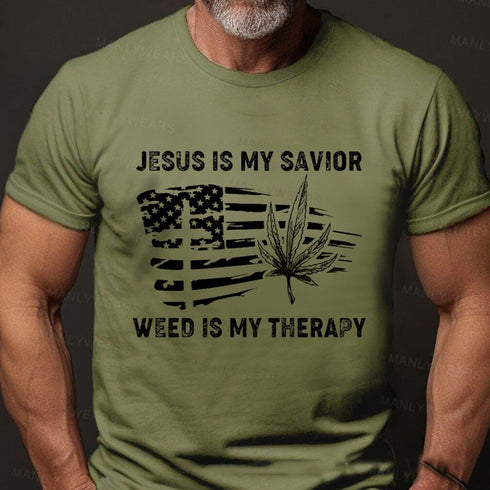 Men's Jesus Is My Savior Weed Is My Therapy T-Shirt