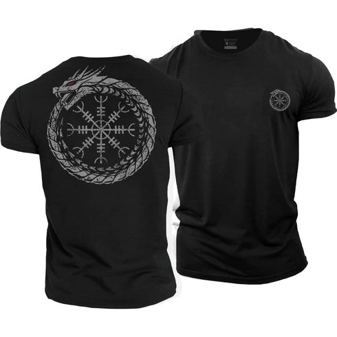 A black Men's T-shirt with a crew neck and short sleeves featuring a Viking-themed graphic design on the back, including a dragon and Norse patterns.