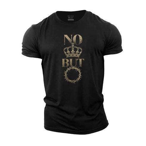 Black t-shirt with gold graphic design on a white background