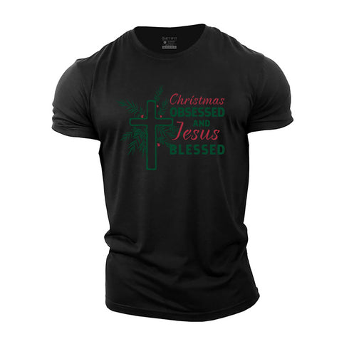 Men's Christmas Obsessed and Jesus Blessed Cotton T-Shirt