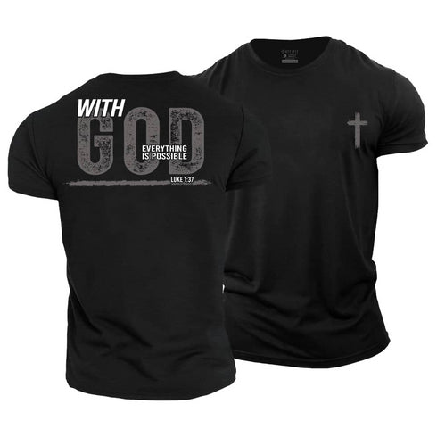 Black t-shirt with motivational quote and cross design on a white background