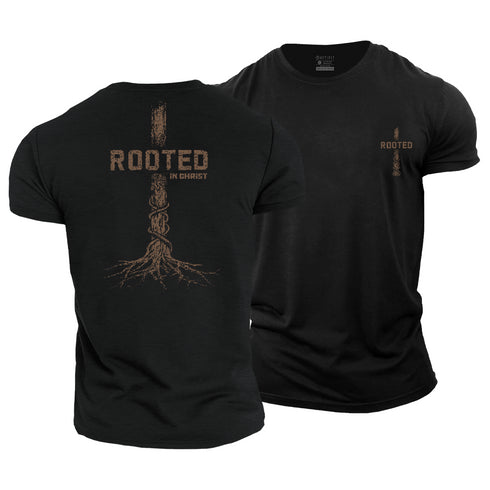Black t-shirt with 'Rooted in Christ' design on a white background