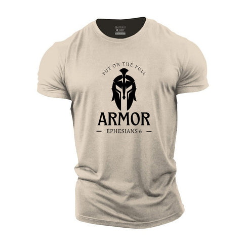 Beige t-shirt with black armor graphic and text on a white background