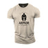 Beige t-shirt with black armor graphic and text on a white background