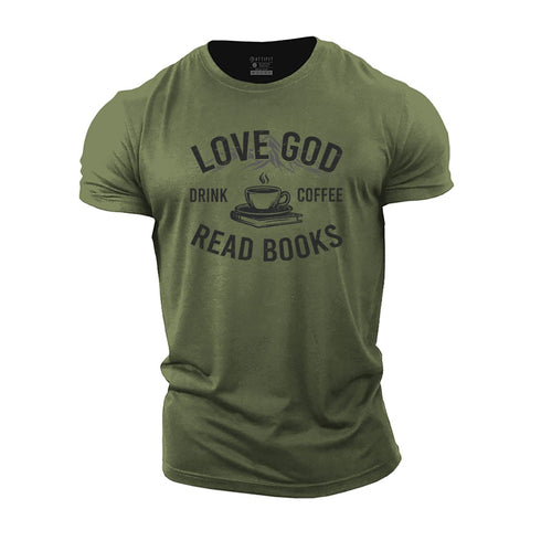 Men's Love God Drink Coffee Read Books Cotton T-Shirt