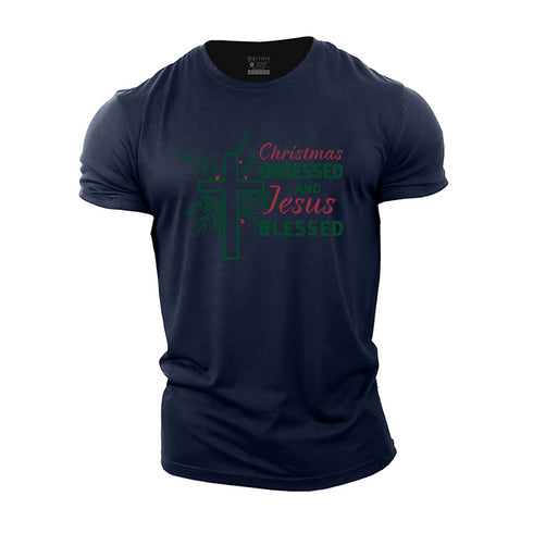 Men's Christmas Obsessed and Jesus Blessed Cotton T-Shirt