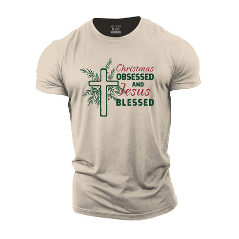 Men's Christmas Obsessed and Jesus Blessed Cotton T-Shirt