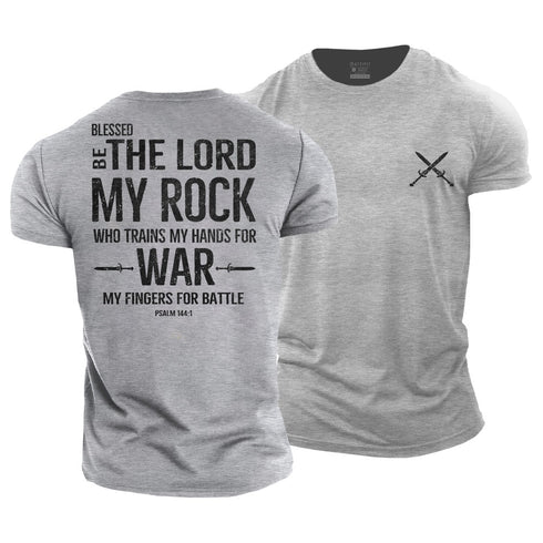 Men's navy blue cotton t-shirt with a crew neck and a spiritual quote printed on the back. The front features a small cross symbol.