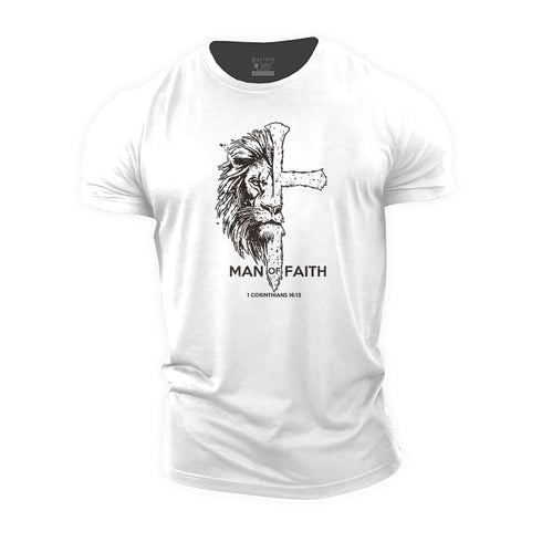 A White Men's Cotton T-Shirt with a graphic design of a lion and the text 'MAN OF FAITH' on the front.