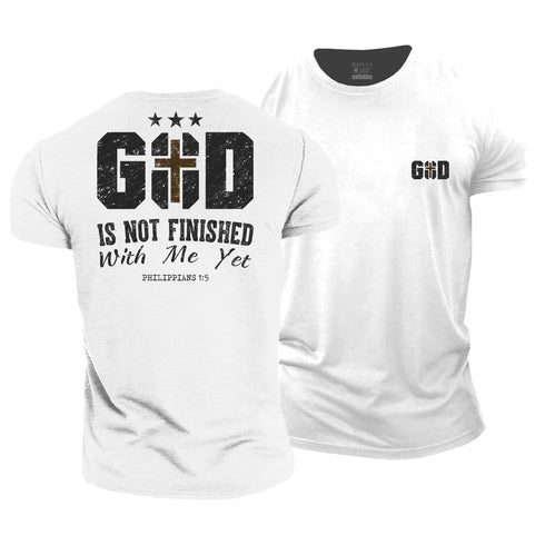 Men's white cotton t-shirt with a crew neck and short sleeves, featuring the text 'GOD IS NOT FINISHED WITH ME YET' on the back and the logo 'G&G' on the front.