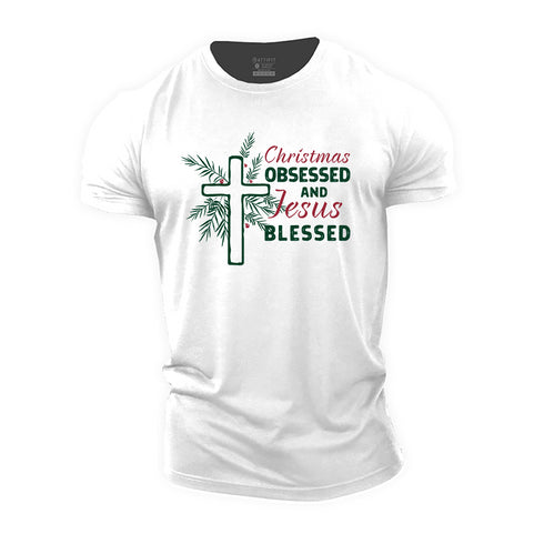 Men's Christmas Obsessed and Jesus Blessed Cotton T-Shirt