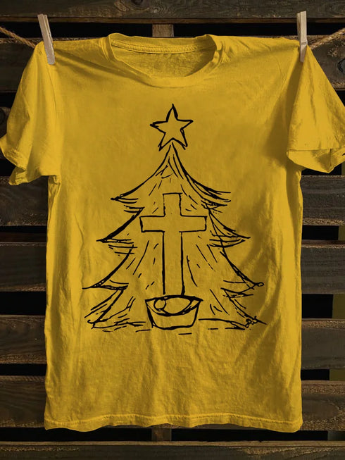 Unisex The Cross And The Christmas Tree Print T-shirt